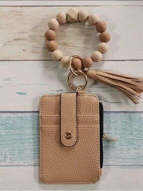 Beige Wristlet Card Holder Keychain with Tassel